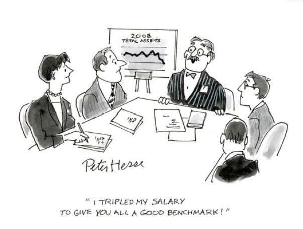 Image shows a cartoon illustration of 4 businessmen in a meeting. The Manager is showing them a chart where results are decreasing. The caption of what the manager says to the team is: "I tripled my salary to give you all a good benchmark."